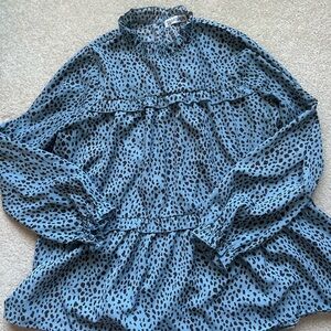 Temofon Women’s Peter Pan Collar Blouse – Light Blue Leopard Vintage Style Top